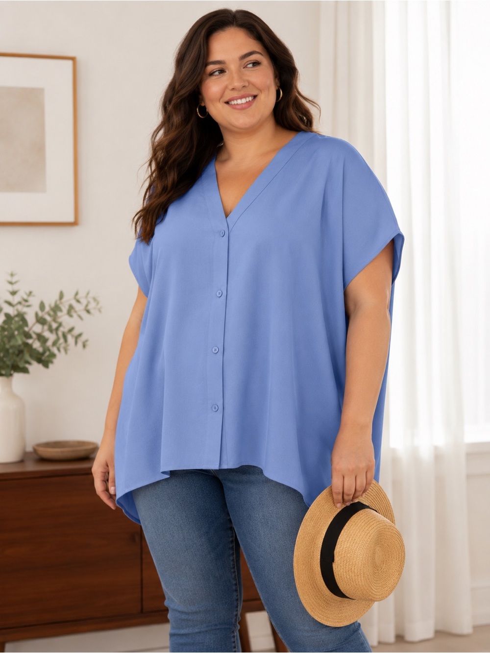 NEW Ellios Linen-Blend V-Neck Button-Front Dolman Sleeve Oversized Tunic 22/24